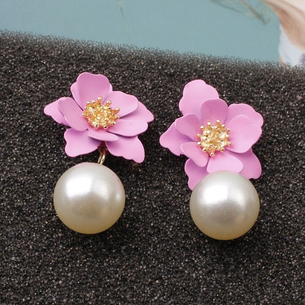 Années 40 Boucles d'Oreilles Rétro Fleur Et Perle Rose - Ma Penderie Vintage