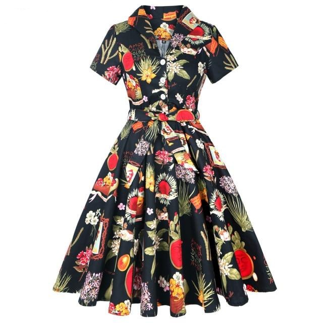 Années 60 Robe Evasée Imprimée Rock A Billy Frida Noir - Ma Penderie Vintage